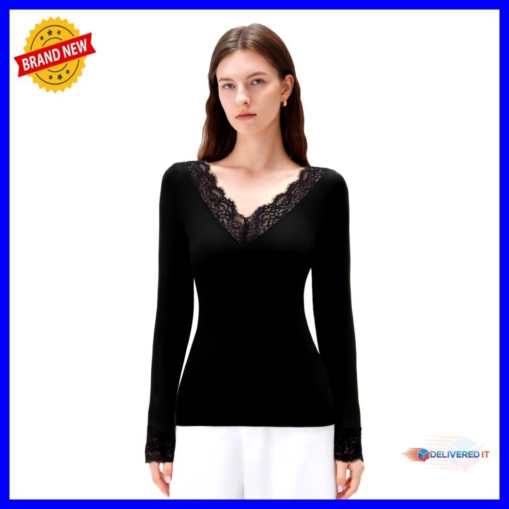 V Neck Boat Neck Lace Long Sleeve Shirt Soft Modal Cashmere Blend Chic Basic Top